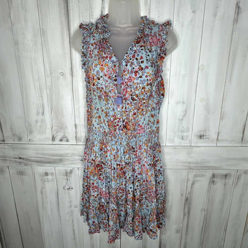 Poupette St Barth Triny Blue Pink Floral Tassel Ruffle Smocked Mini Dress Medium